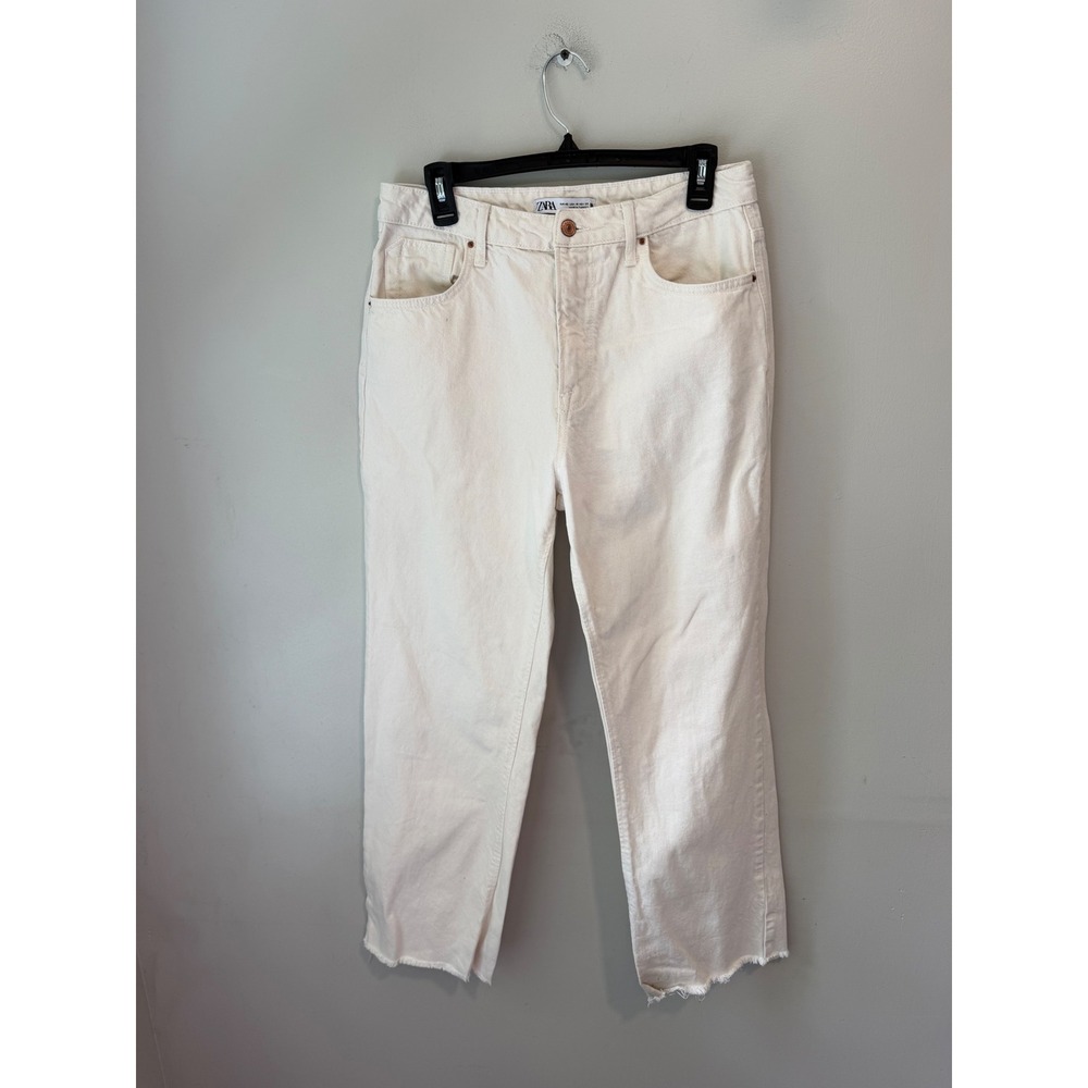 Zara Z1975 High Waist Straight Leg Jeans Ecru White Frayed Hem Size 10